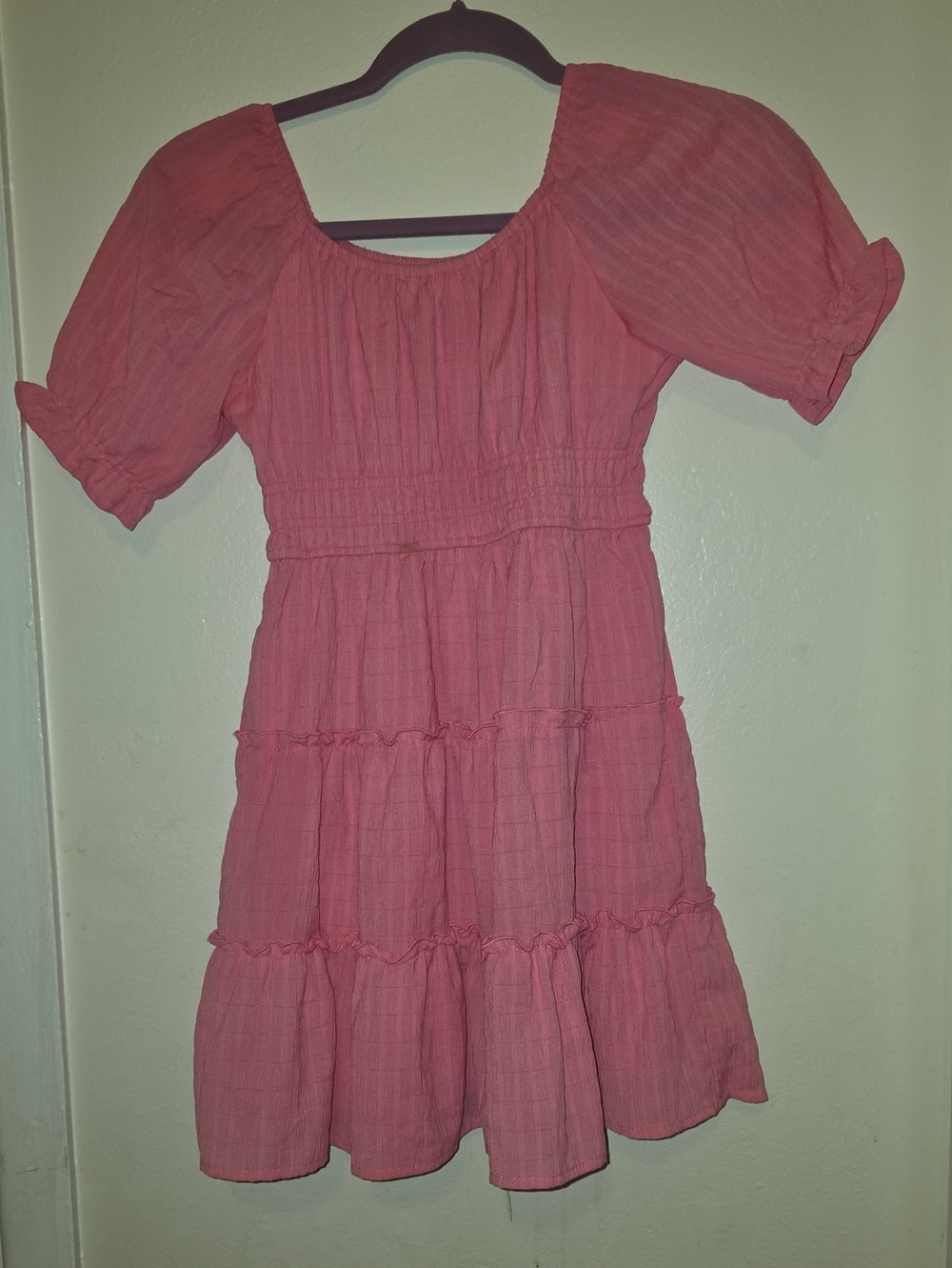 Girls Pink Tiered Puff-Sleeve Casual Dress